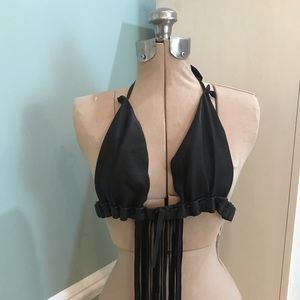 Vintage 80s Black Leather Halter Top Fringe XS/S
